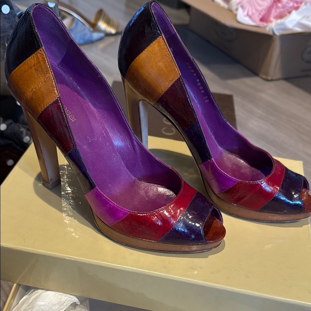 Sergio Rossi Purple and Red Peep-Toe Heels